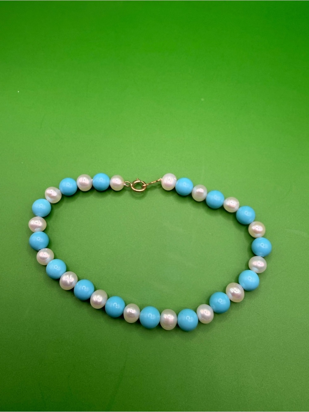 10k Clasp Freshwater Pearl & Turquoise Color Stones 7” Bracelet